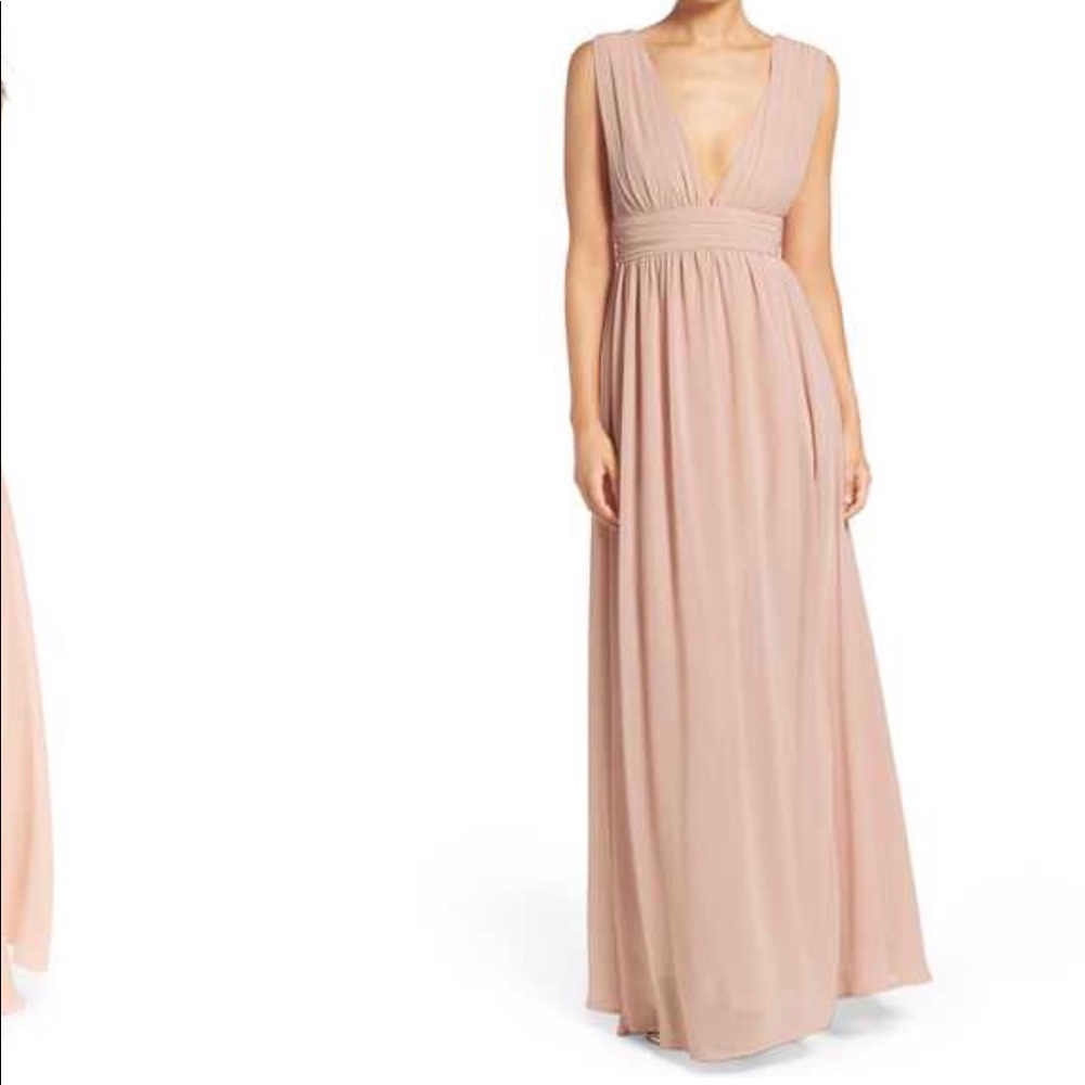 Lulus Plunging V-Neck Chiffon Gown in Blush